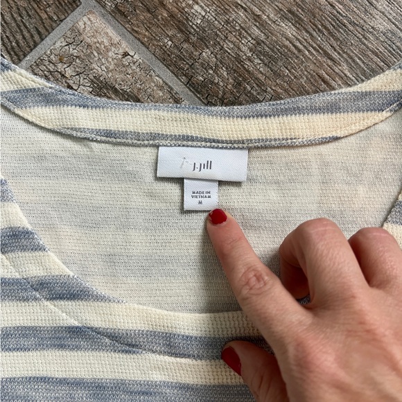 J Jill 100% Cotton Blouse with fringe detail, White and blue striped, Women’s M - Picture 2 of 9